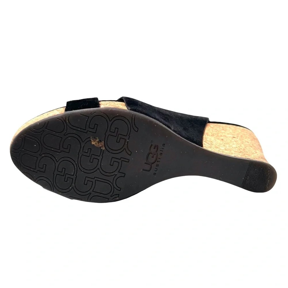 UGG HAZEL BLACK SUEDE & CORK WEDGE HEEL PLATFORM SANDALS
